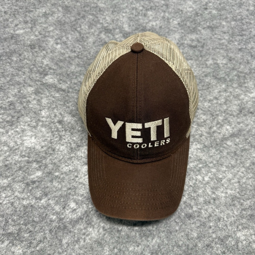 YETI Coolers Trucker Hat Men's Adjustable Strapback Brown Mesh Back Logo Cap